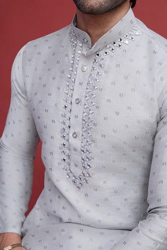 Beige Viscose Men’s Kurta - Mirror Work Design Clothsvilla