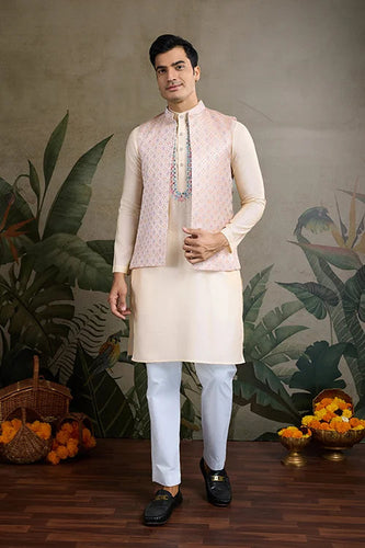 Traditional Beige Kurta Set with Koti Jacket Clothsvilla