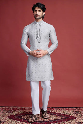 Beige Viscose Men’s Kurta - Mirror Work Design Clothsvilla