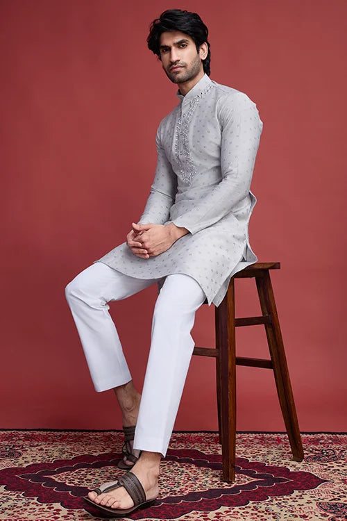 Beige Viscose Men’s Kurta - Mirror Work Design Clothsvilla