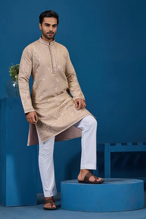 Elegant Beige Embroidered Viscose Silk Kurta for Mens Clothsvilla
