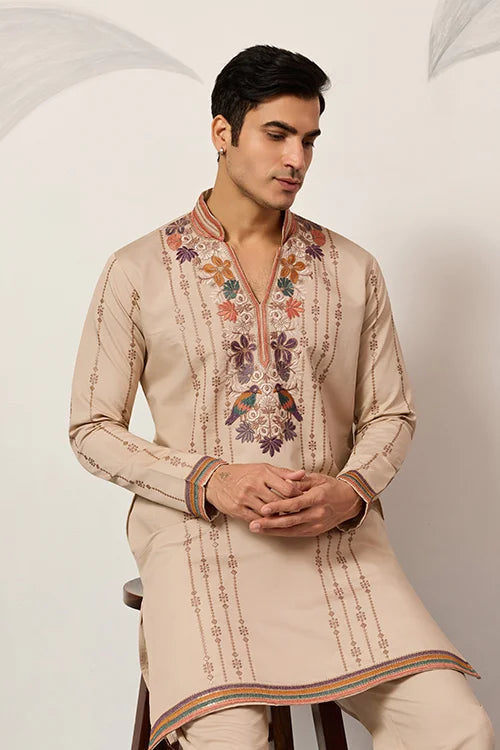 Premium Beige Embroidered V Neck Kurta Pant Set Clothsvilla