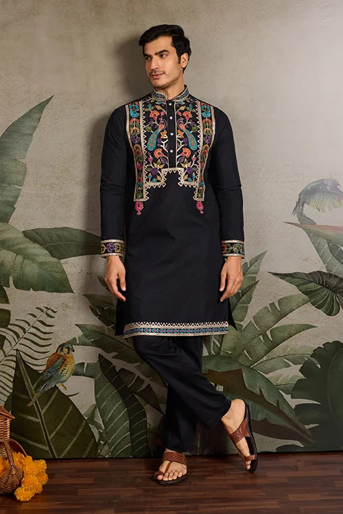 Designer Black Embroidered Mens Kurta for Wedding Clothsvilla
