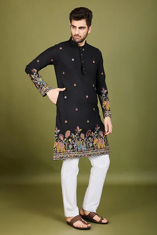Black Color Cotton Embroidered Work Kurta for Men Clothsvilla