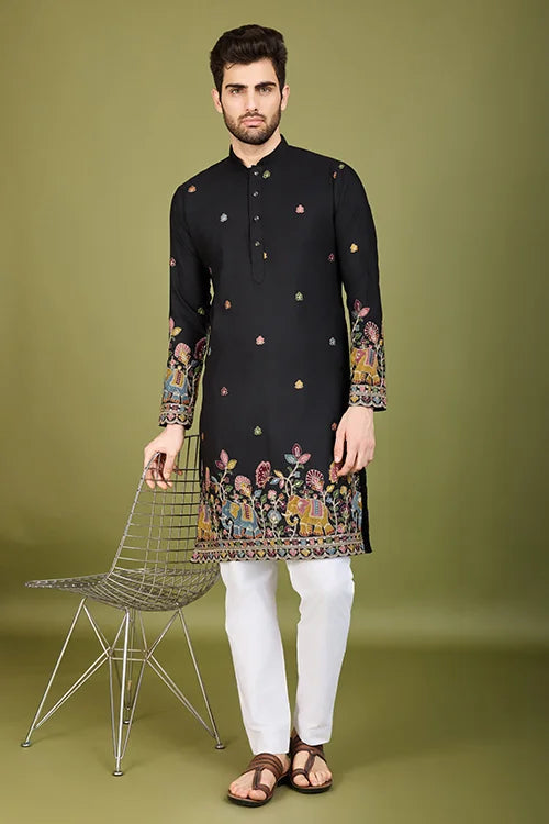 Black Color Cotton Embroidered Work Kurta for Men Clothsvilla