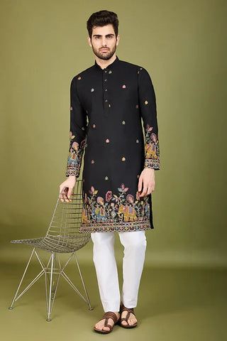 Black Color Cotton Embroidered Work Kurta for Men Clothsvilla