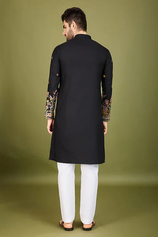 Black Color Cotton Embroidered Work Kurta for Men Clothsvilla