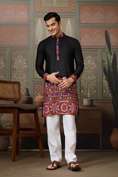 Black Cotton Silk Traditional Ready Kurta for Navratri Clothsvilla