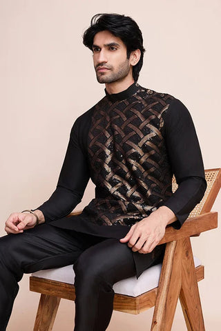 Black Silk Embroidered Work Designer Men's Wear Kurta Clothsvilla