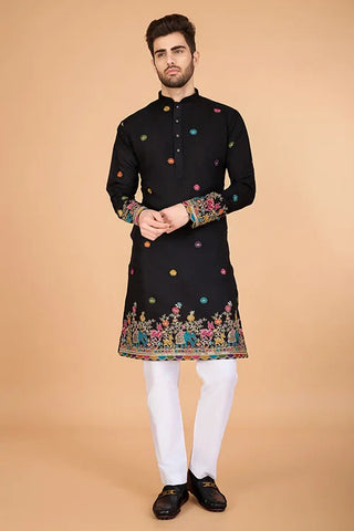 Black Designer Viscose Silk Kurta with Thread Work Clothsvilla