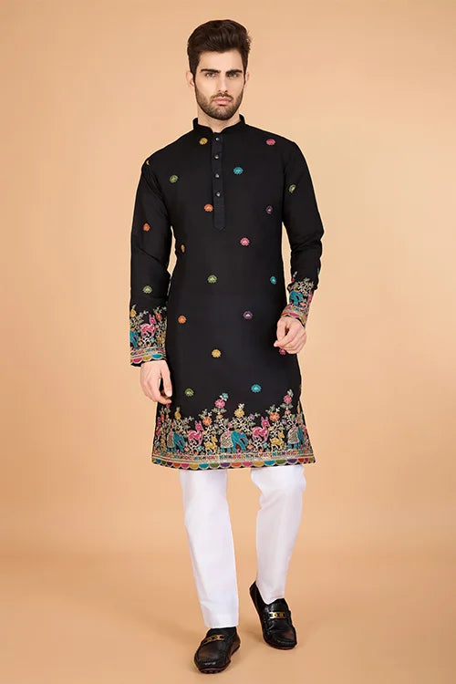 Black Designer Viscose Silk Kurta with Thread Work Clothsvilla