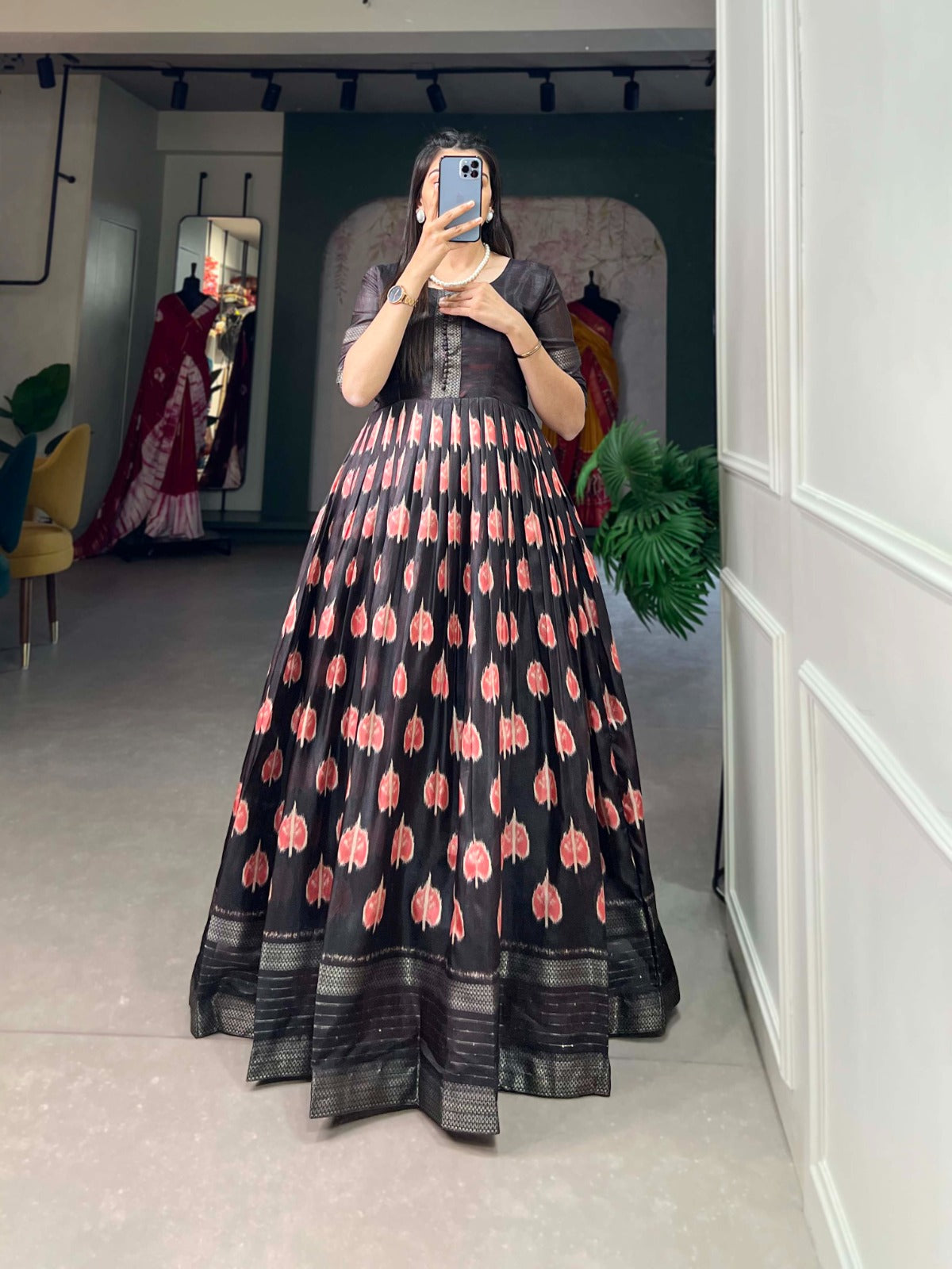Black Color Dola Silk Printed Gown with Exquisite Zari Border ClothsVilla