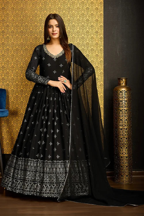 Black Anarkali Long Gown with Metallic Foil Work ClothsVilla Main image