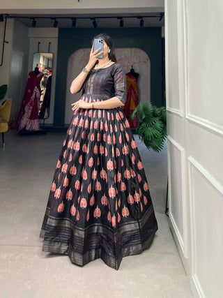 Black Color Dola Silk Printed Gown with Exquisite Zari Border ClothsVilla