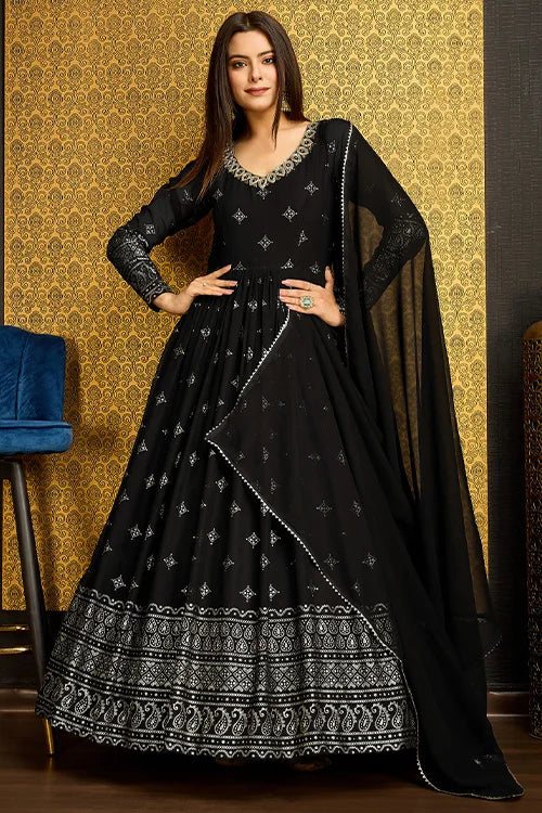 Black Anarkali Long Gown with Metallic Foil Work ClothsVilla