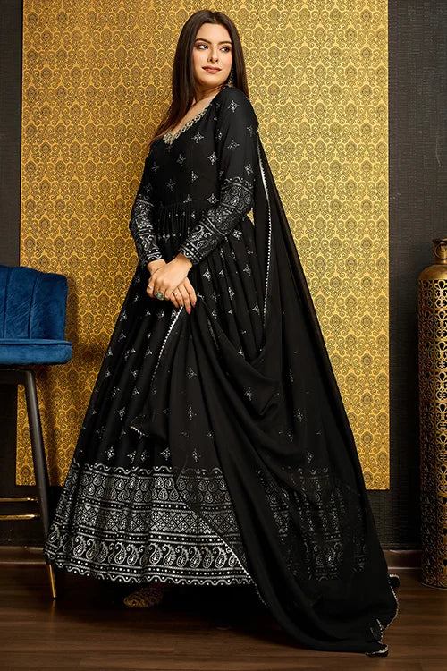 Black Anarkali Long Gown with Metallic Foil Work ClothsVilla