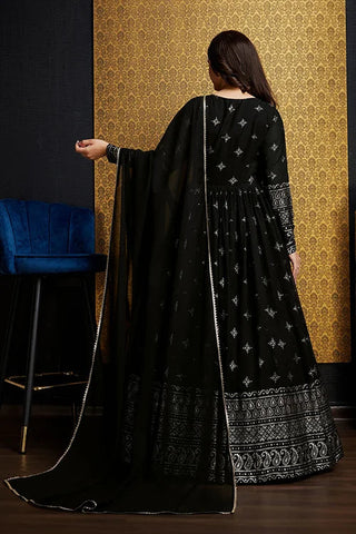 Black Anarkali Long Gown with Metallic Foil Work ClothsVilla