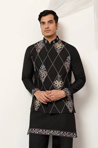 Premium Wedding Black Koti Kurta Pajama for Mens Wear Clothsvilla