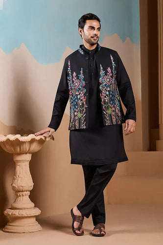 Magic Black Wedding Look Koti Kurta Set for Mens Wear Clothsvilla