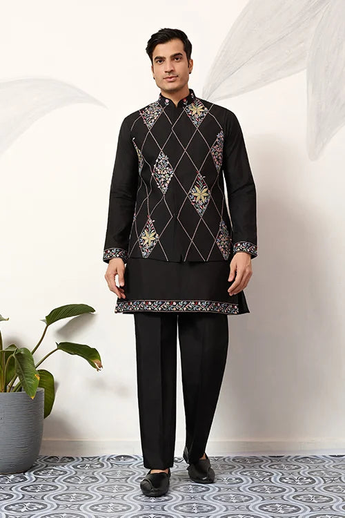 Premium Wedding Black Koti Kurta Pajama for Mens Wear Clothsvilla
