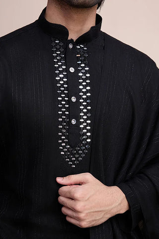 Black Designer Kurta Set with Mirror Work for Men Clothsvilla