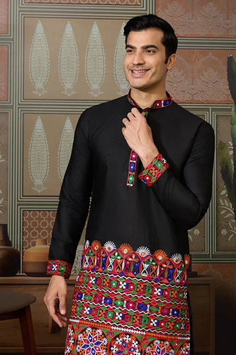 Black Cotton Silk Traditional Ready Kurta for Navratri Clothsvilla