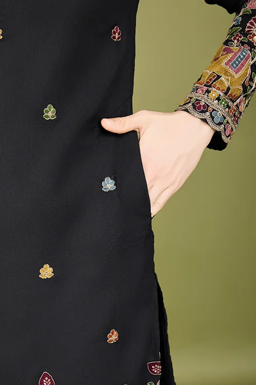 Black Color Cotton Embroidered Work Kurta for Men Clothsvilla
