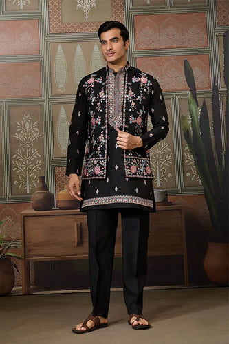 Black Mens Kurta with Stylish Koti for Wedding Wear Clothsvilla