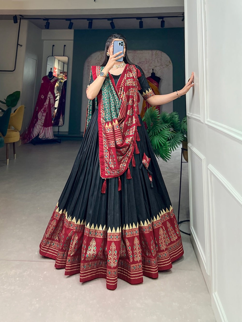 Black Color Printed Tussar Silk Lehenga Choli ClothsVilla