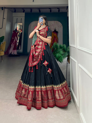 Black Color Printed Tussar Silk Lehenga Choli ClothsVilla