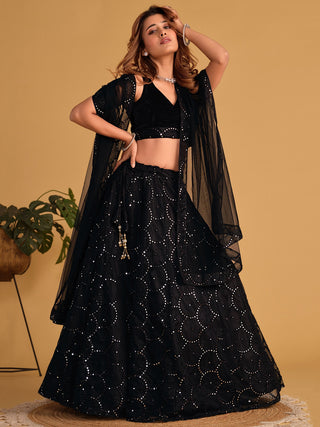 Mesmerizing Black Mirror Work Organza Lehenga Choli Steal the Spotlight at Receptions and Events ClothsVilla