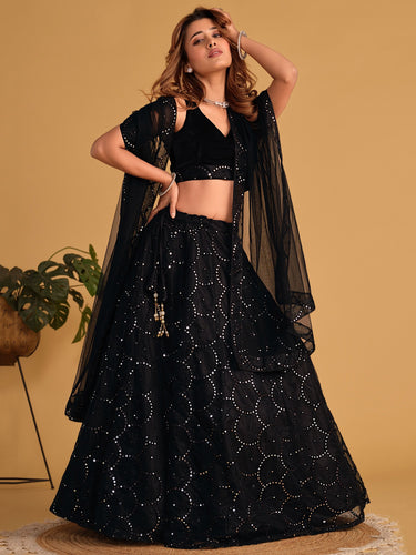 Mesmerizing Black Mirror Work Organza Lehenga Choli Steal the Spotlight at Receptions and Events ClothsVilla