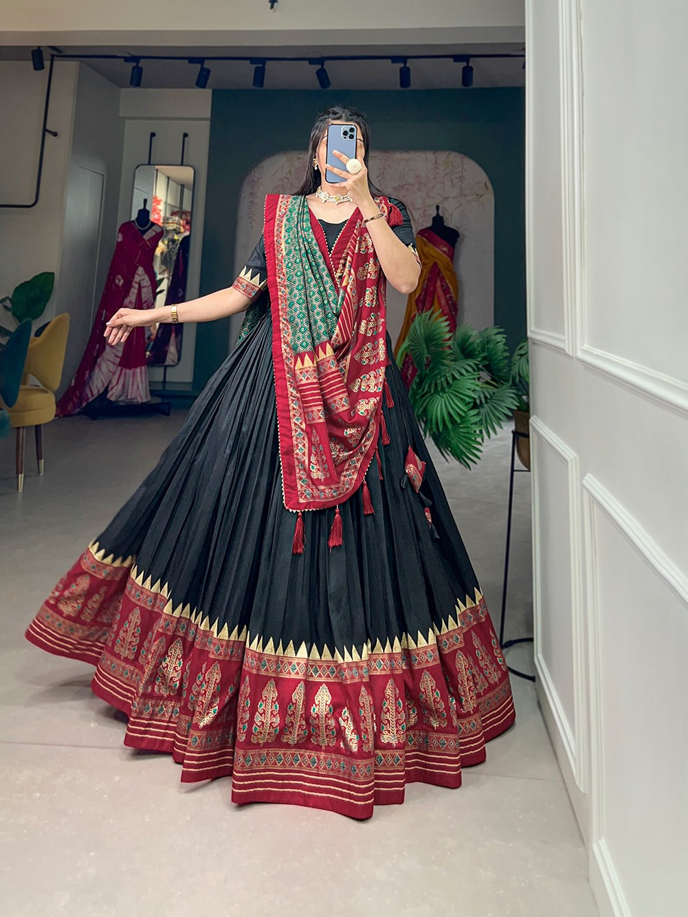 Black Color Printed Tussar Silk Lehenga Choli ClothsVilla