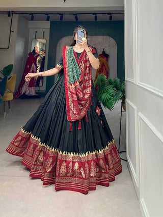 Black Color Printed Tussar Silk Lehenga Choli ClothsVilla