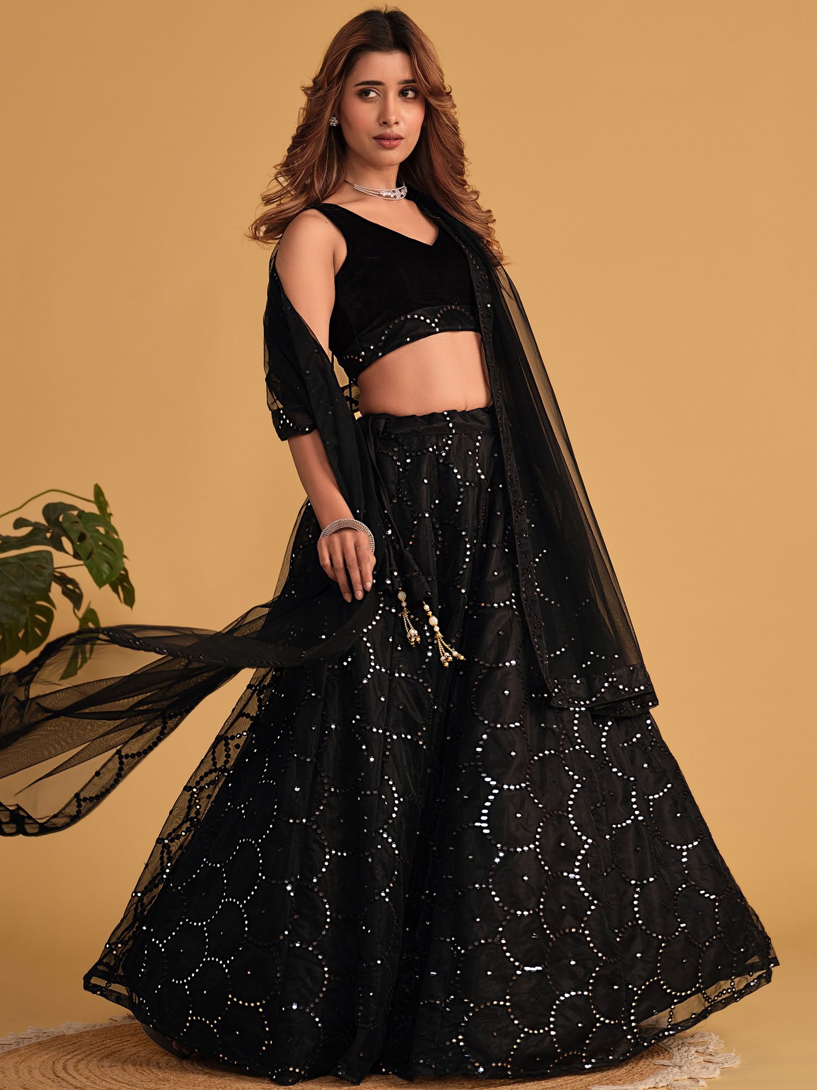 Mesmerizing Black Mirror Work Organza Lehenga Choli Steal the Spotlight at Receptions and Events ClothsVilla