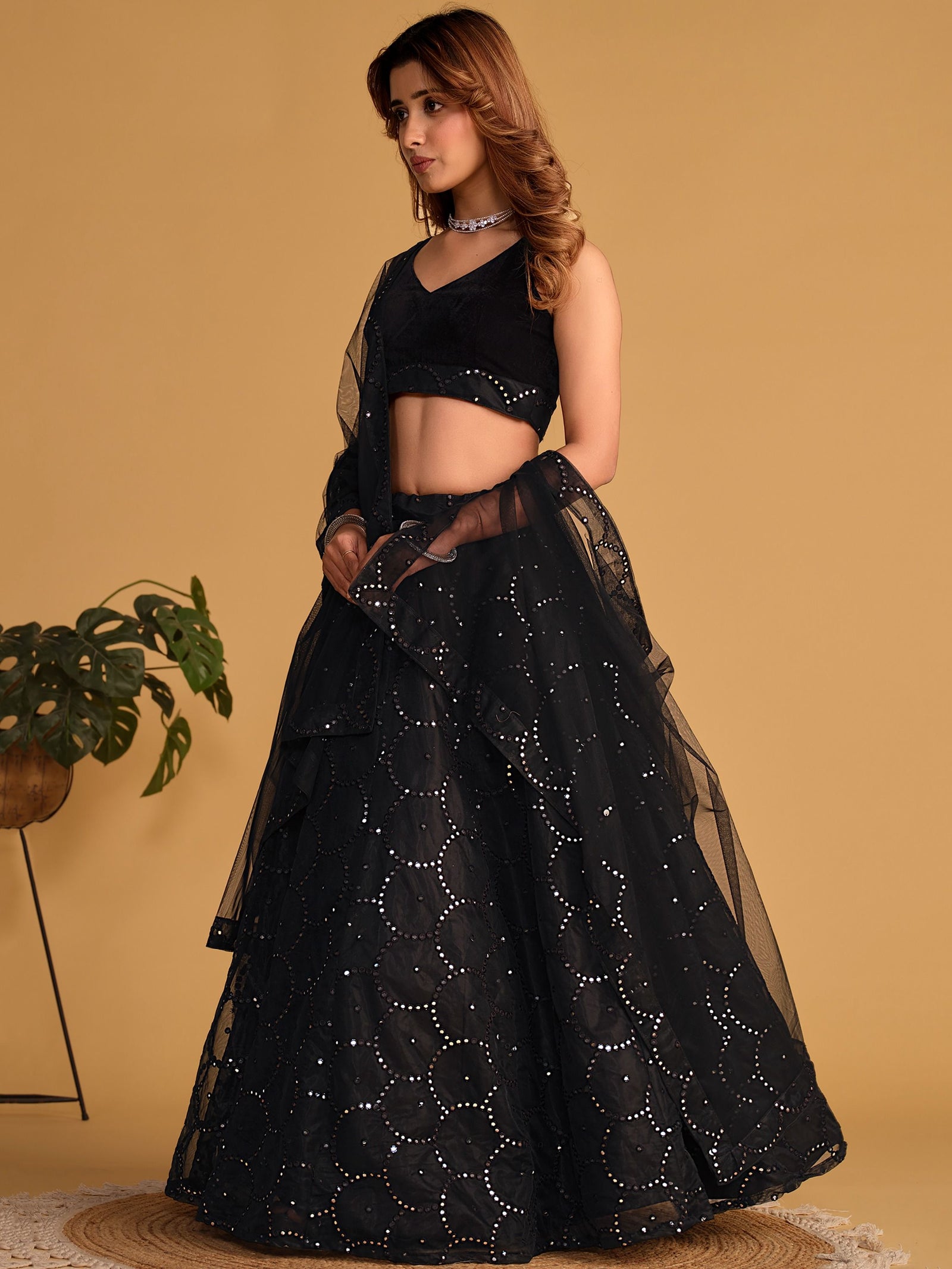 Mesmerizing Black Mirror Work Organza Lehenga Choli Steal the Spotlight at Receptions and Events ClothsVilla