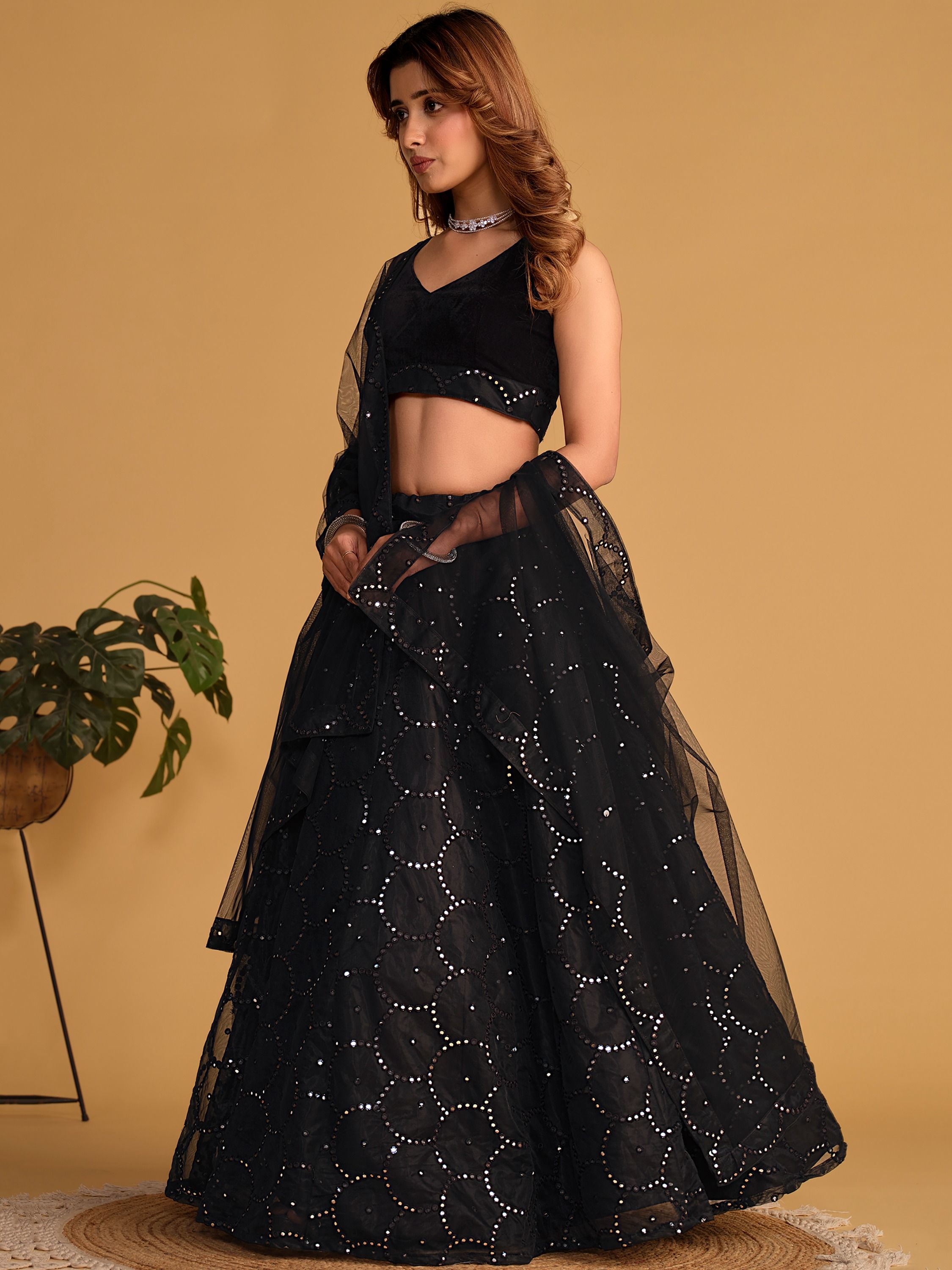 Mesmerizing Black Mirror Work Organza Lehenga Choli Steal the Spotlight at Receptions and Events ClothsVilla