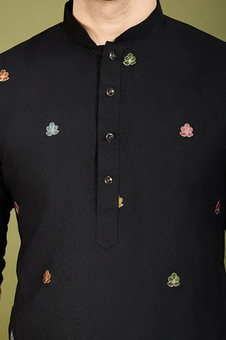 Black Color Cotton Embroidered Work Kurta for Men Clothsvilla