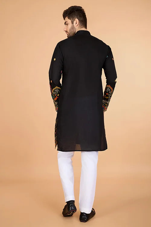 Black Viscose Silk Men's Designer Kurta Clothsvilla