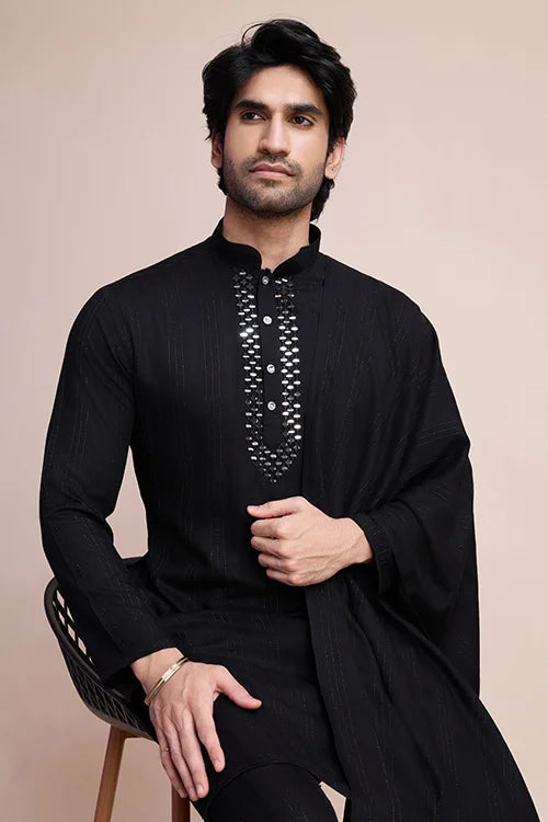 Black Designer Kurta Set with Mirror Work for Men Clothsvilla