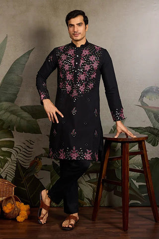 Black Mirror Work with Embroidered Kurta Set for Men Clothsvilla