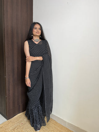 Black Faux Georgette Gown Saree with Digital Prints - Polka Print ClothsVilla