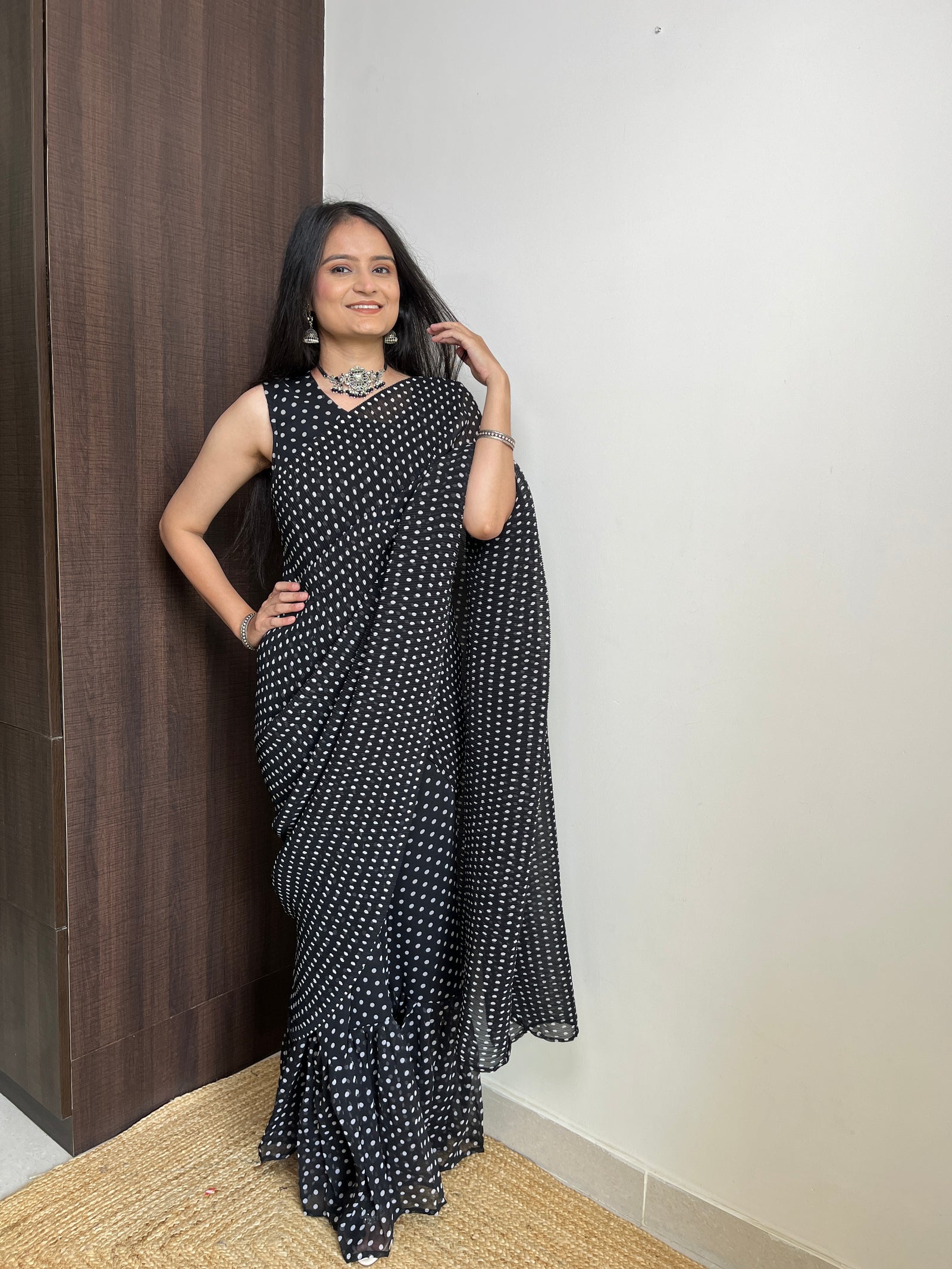 Black Faux Georgette Gown Saree with Digital Prints - Polka Print ClothsVilla