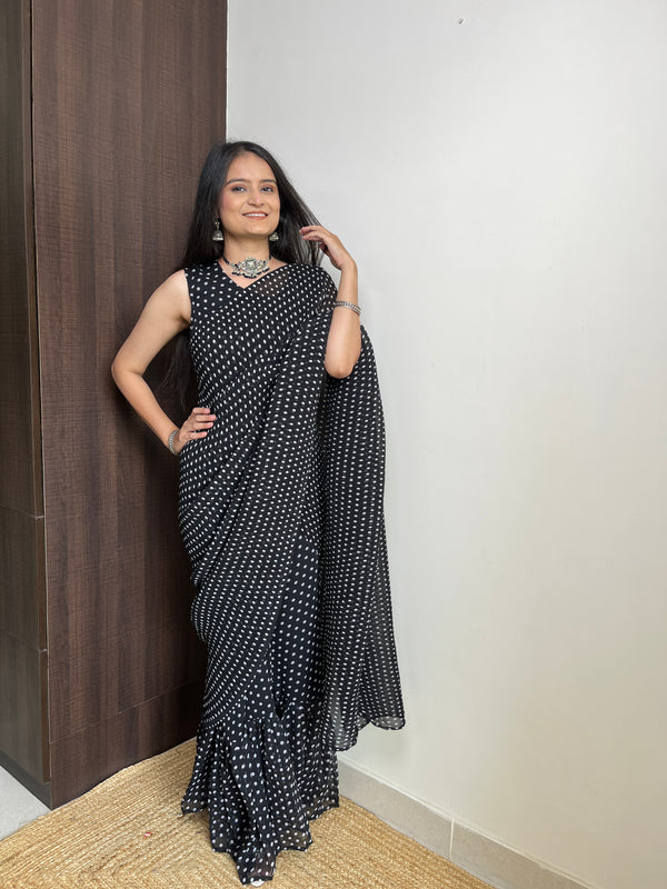 Black Faux Georgette Gown Saree with Digital Prints - Polka Print ClothsVilla
