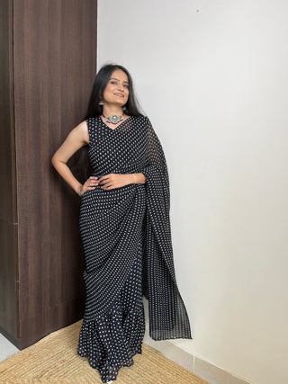 Black Faux Georgette Gown Saree with Digital Prints - Polka Print ClothsVilla