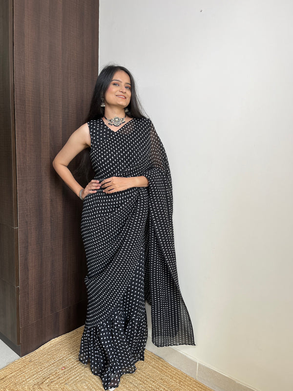 Black Faux Georgette Gown Saree with Digital Prints - Polka Print ClothsVilla