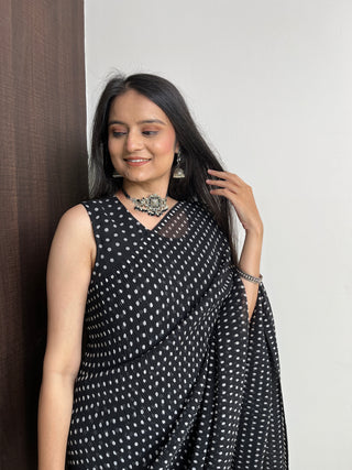 Black Faux Georgette Gown Saree with Digital Prints - Polka Print ClothsVilla