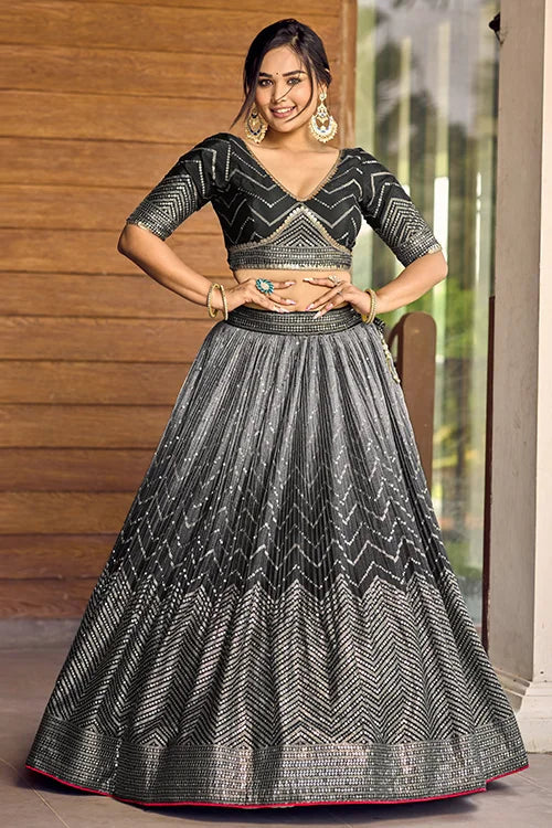 Black Thread Embroidery Lehenga Choli with Dupatta Clothsvilla
