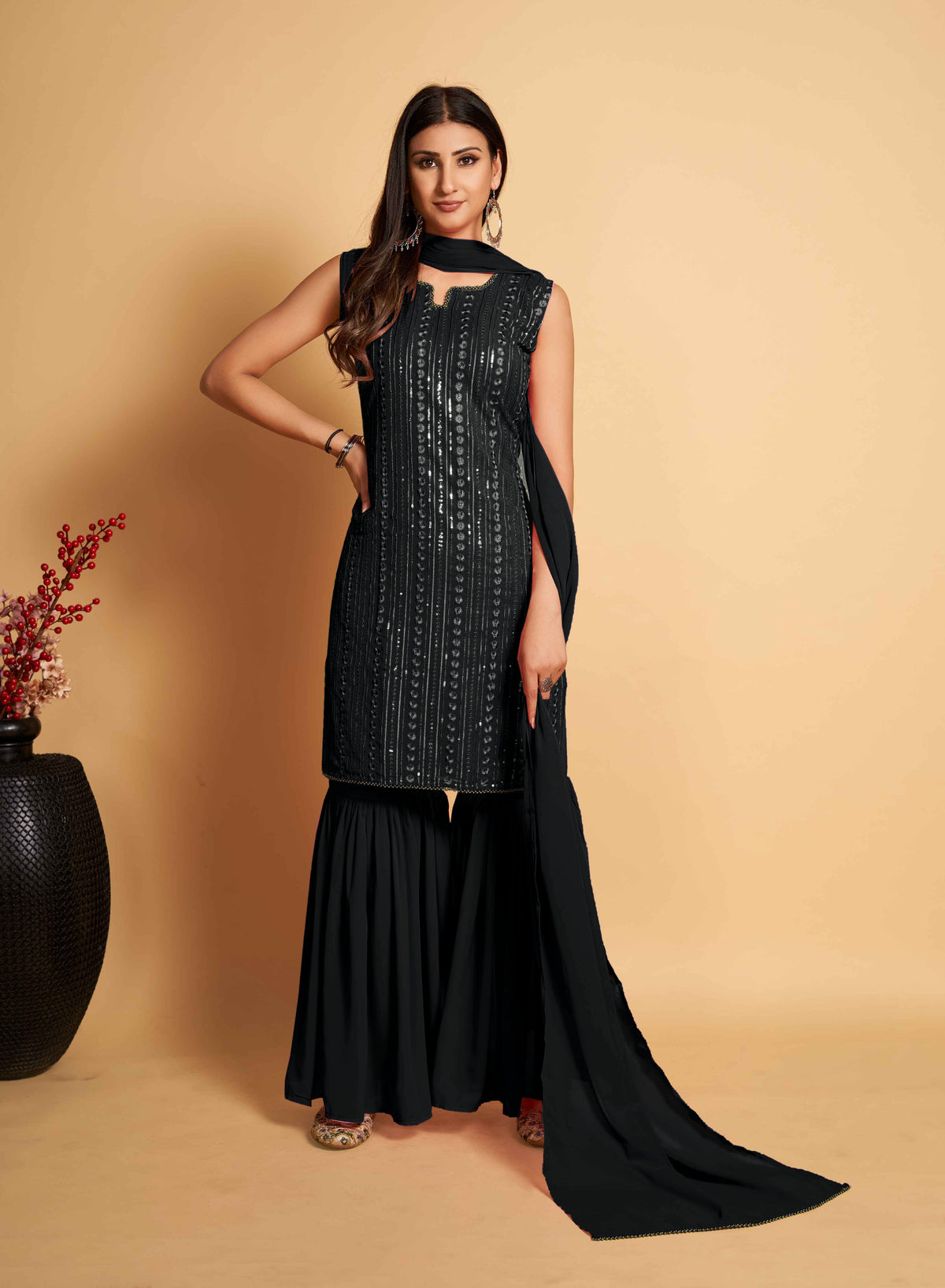 Stunning Black Designer Sharara Kurti Dupatta Set - Embroidered Faux Georgette & Georgette ClothsVilla Main image