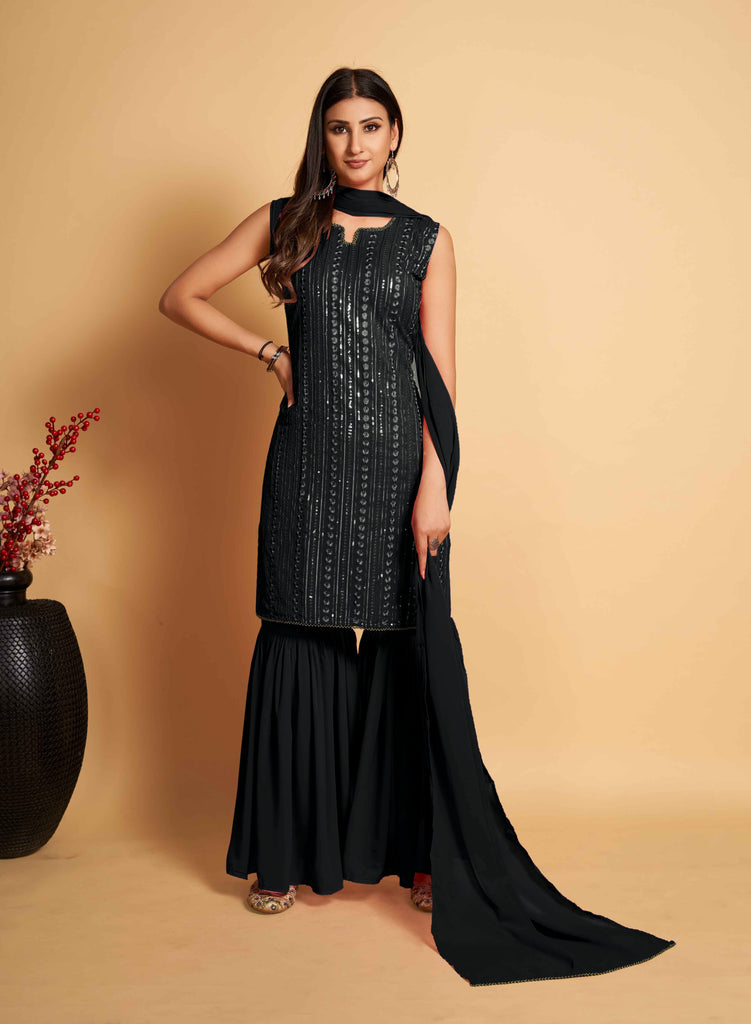 Stunning Black Designer Sharara Kurti Dupatta Set - Embroidered Faux Georgette & Georgette XL Stunning Black Designer Sharara Kurti Dupatta Set - Embroidered Faux Georgette & Georgette XL